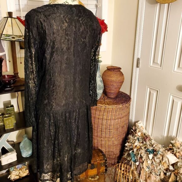 Vintage PASSPORTS  Pier One Black Dropped Waist Plated Dress - Picture 6 of 15